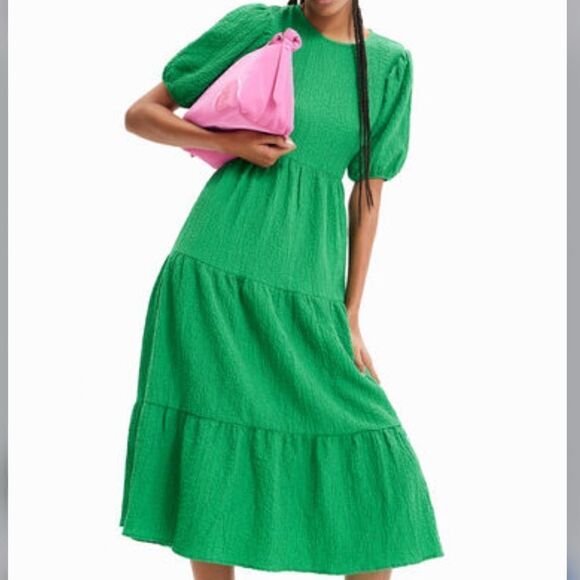 Desigual Green Textured Open Back Tiered Puff Sleeve Dress NEW - Picture 4 of 16